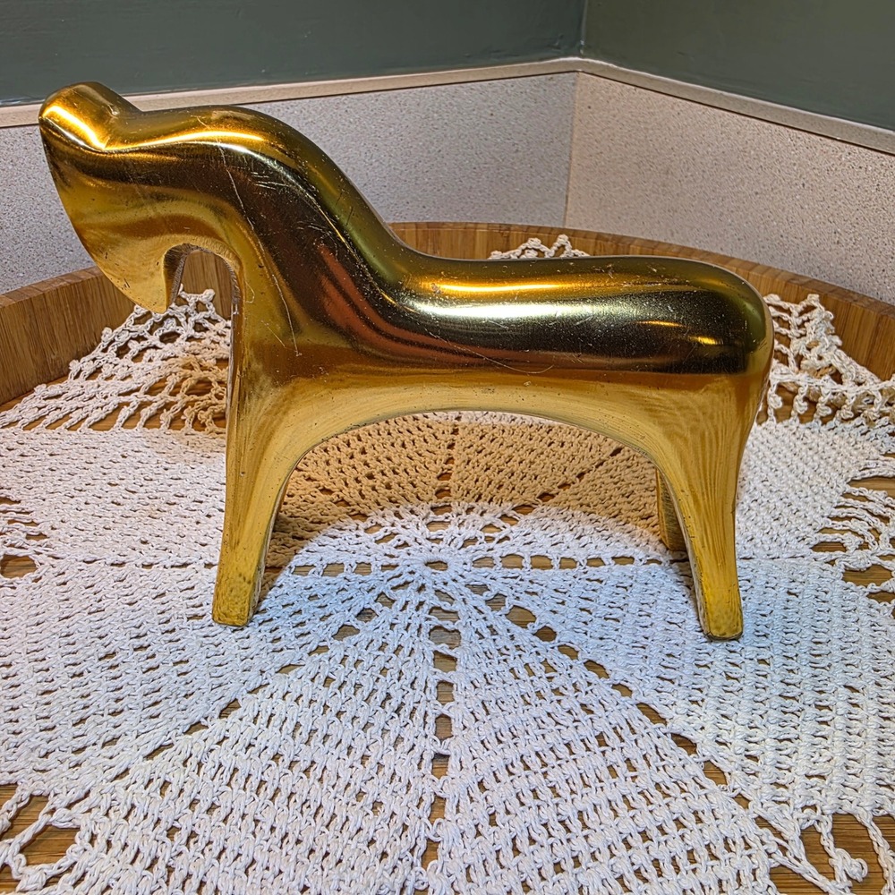 Dala Horse Figurine 6" Gold Tone, Mid Century Modern, Metal Decor, Paper Weight